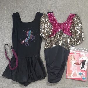 4 pc bundle of unicorn leortard and flashy dancer, hair pc, white pantyhose.